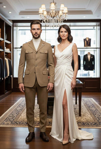 Mens Giovanni Testi Beige 2-Piece Suit – Slim Fit 4-Button Blazer with Patch Pockets