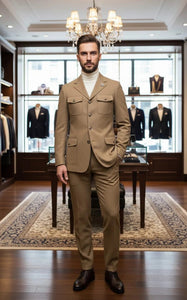 Mens Giovanni Testi Beige 2-Piece Suit – Slim Fit 4-Button Blazer with Patch Pockets