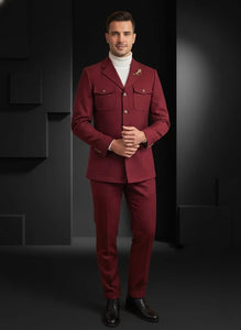 Mens Giovanni Testi 2 Piece Burgundy Suit – Slim Fit 4 Button Blazer with Notch Lapel & Flap Pockets