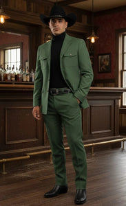 Mens Giovanni Testi Slim Fit Green Suit – 2 Piece 4 Button Formal Suit with Notch Lapel