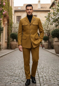Mens Giovanni Testi Slim Fit 2 Piece Suit Mustard – 4 Button Notch Lapel & Flap Pockets