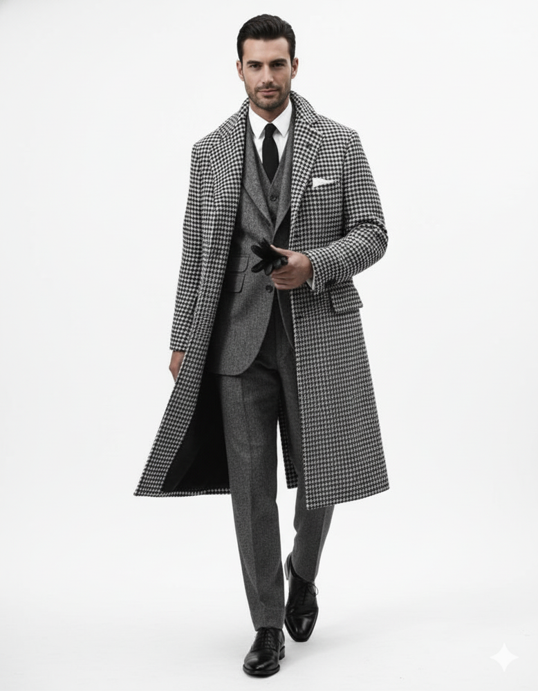 Houndstooth Overcoat - Black And White Checker And Cashmere Fabric Topcoat By Alberto Nardoni