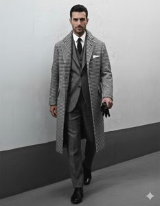 Houndstooth Overcoat - Black And White Checker And Cashmere Fabric Topcoat By Alberto Nardoni