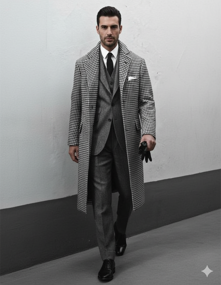 Houndstooth Overcoat - Black And White Checker And Cashmere Fabric Topcoat By Alberto Nardoni