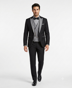 Men’s Black And White Lapel 3 Piece Tuxedo Suit with Silver Gray Satin Lapel | Formal Wedding Prom Suit Set