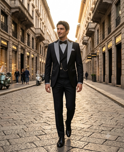 Men’s Black And White Lapel 3 Piece Tuxedo Suit with Silver Gray Satin Lapel | Formal Wedding Prom Suit Set