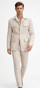 Mens Tan Beige Safari Military Walking Suit Set – Casual Two Piece Outfit Lightweight Summer Blazer and Pants Set Classic Casual Wear