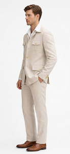 Mens Tan Beige Safari Military Walking Suit Set – Casual Two Piece Outfit Lightweight Summer Blazer and Pants Set Classic Casual Wear