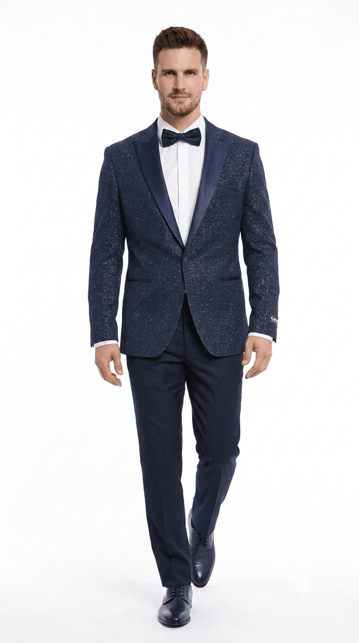 Mens Navy Blue Tuxedo Sparkly Shiny Dinner Jacket + Pants