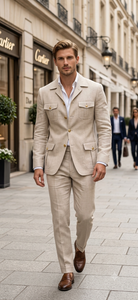 Mens Tan Beige Safari Military Walking Suit Set – Casual Two Piece Outfit Lightweight Summer Blazer and Pants Set Classic Casual Wear