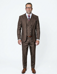 Mens Ticket Pocket Peak Lapel Double breasted Vest 100% Wool Tom Ford Style Modern Fit in Color "Brown" By Statement