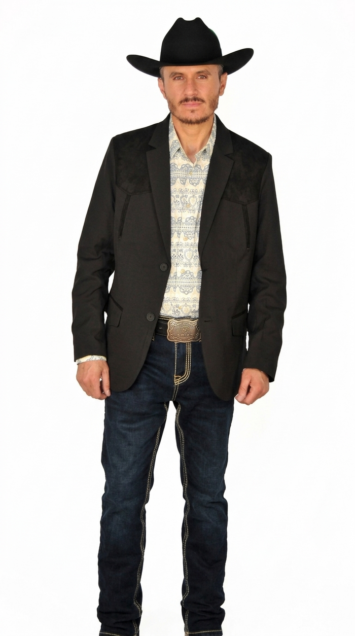 Men's Suede Cowboy Blazer Ultra Slim Fit Black Suede Cowboy Jacket with Western Embroidery in Color "Black"