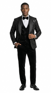 Men's Black Velvet Patterned Shawl Lapel Tuxedo Set for Wedding & Prom
