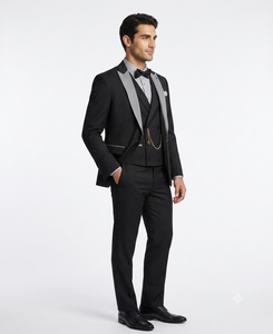 Men’s Black And White Lapel 3 Piece Tuxedo Suit with Silver Gray Satin Lapel | Formal Wedding Prom Suit Set