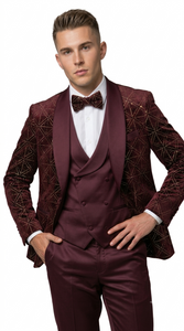 Men's Burgundy Velvet Patterned Shawl Lapel Tuxedo Set for Wedding & Prom