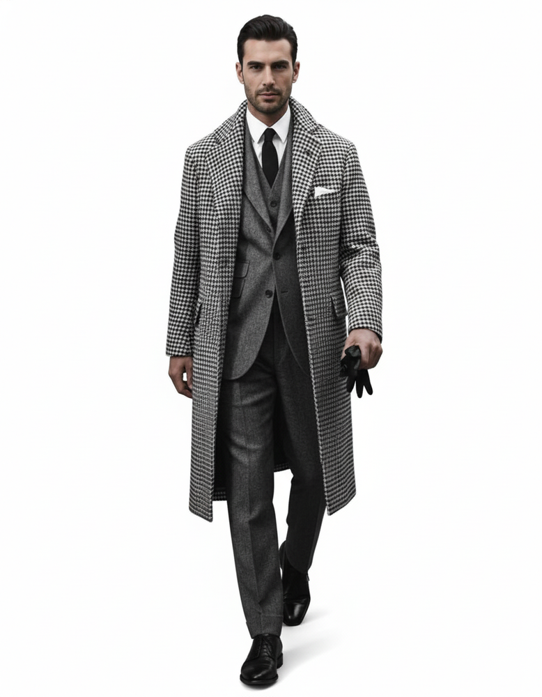 Houndstooth Overcoat - Black And White Checker And Cashmere Fabric Topcoat By Alberto Nardoni