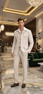 Mens Tan Beige Safari Military Walking Suit Set – Casual Two Piece Outfit Lightweight Summer Blazer and Pants Set Classic Casual Wear