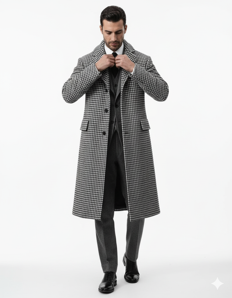 Houndstooth Overcoat - Black And White Checker And Cashmere Fabric Topcoat By Alberto Nardoni