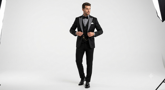 Men’s Black And White Lapel 3 Piece Tuxedo Suit with Silver Gray Satin Lapel | Formal Wedding Prom Suit Set