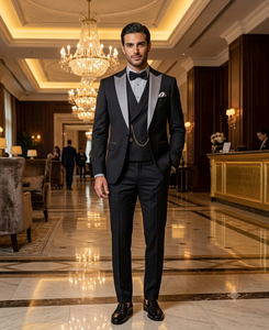 Men’s Black And White Lapel 3 Piece Tuxedo Suit with Silver Gray Satin Lapel | Formal Wedding Prom Suit Set