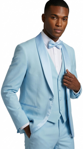 Men's Light Blue Double Shawl Lapel Tuxedo with Satin Trim for Wedding & Prom