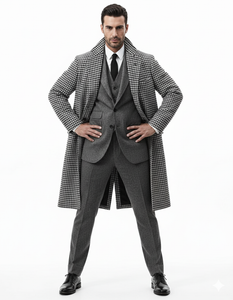 Houndstooth Overcoat - Black And White Checker And Cashmere Fabric Topcoat By Alberto Nardoni