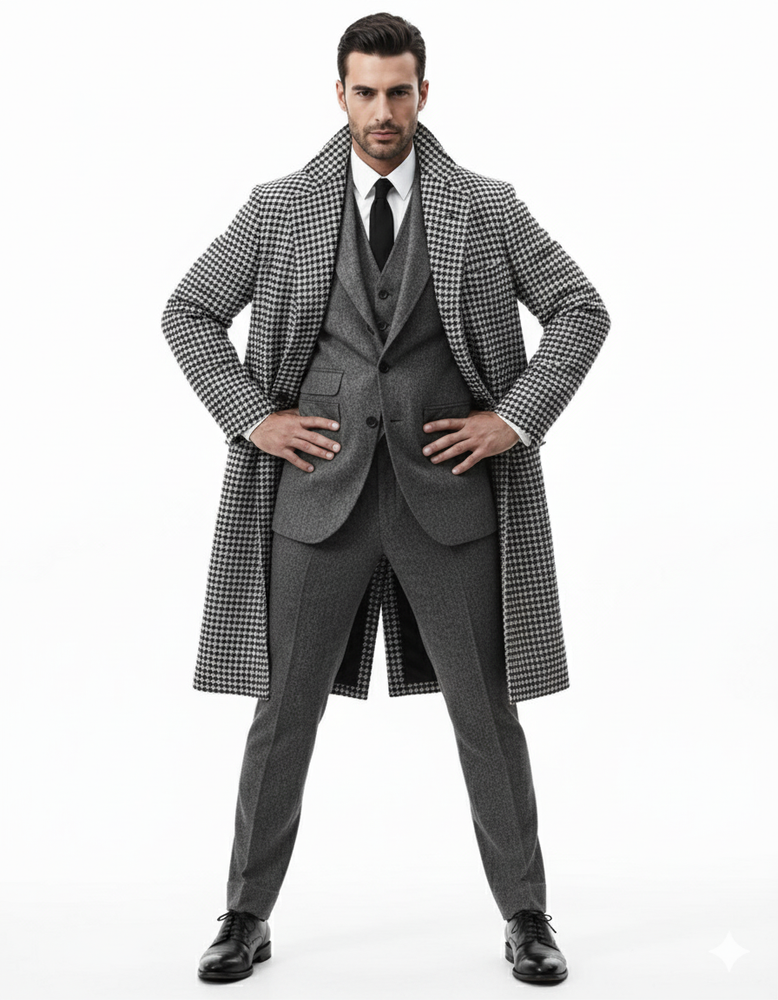 Houndstooth Overcoat - Black And White Checker And Cashmere Fabric Topcoat By Alberto Nardoni