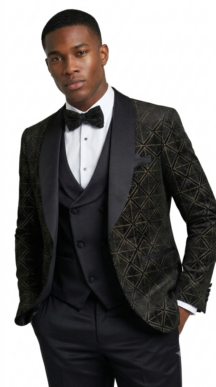 Men's Black & Gold Velvet Patterned Shawl Lapel Tuxedo Set for Wedding & Prom