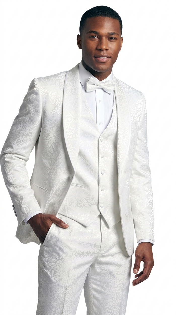 Men's White Floral Shawl Lapel Tuxedo Set with Satin Trim for Wedding & Prom