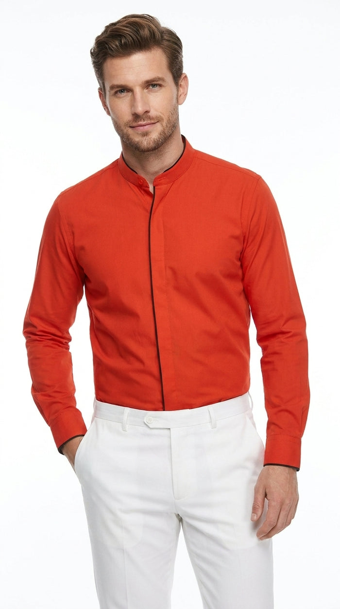 Men’s Mandarin Collar Dress Shirt, Collarless Nehru Preacher Style Multi-Color Shirt