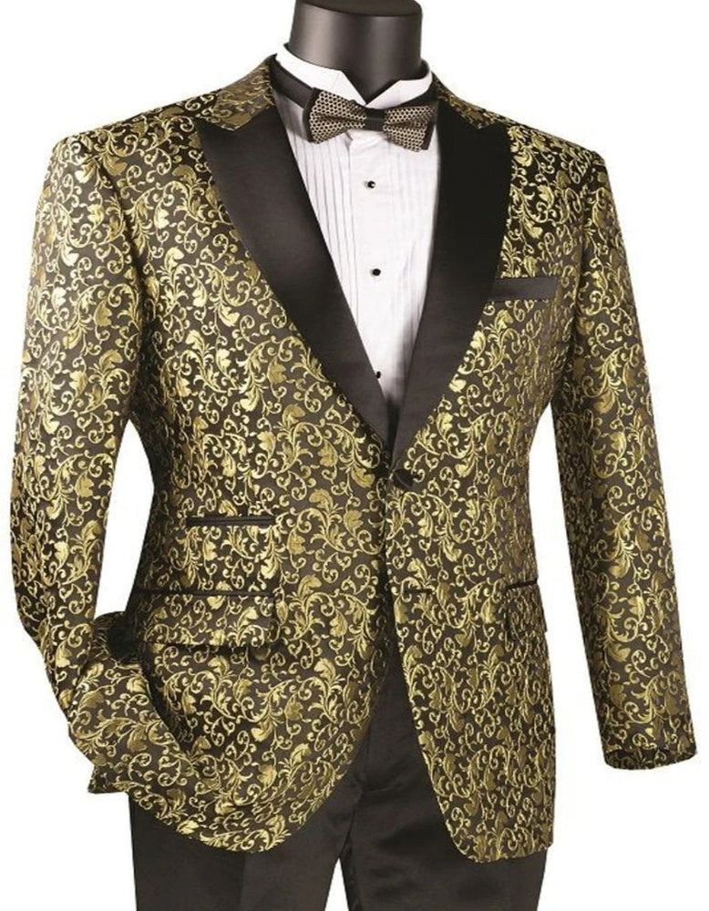 Black and Gold Prom Suit - Mens Paisley Embroidered Regular Fit Gold Sport Coat Tuxedo