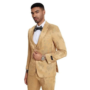 2024 Floral Mens 3PC Suit w/ Double Breasted Vest by Tazzio, Golden - Men's Tuxedo USA