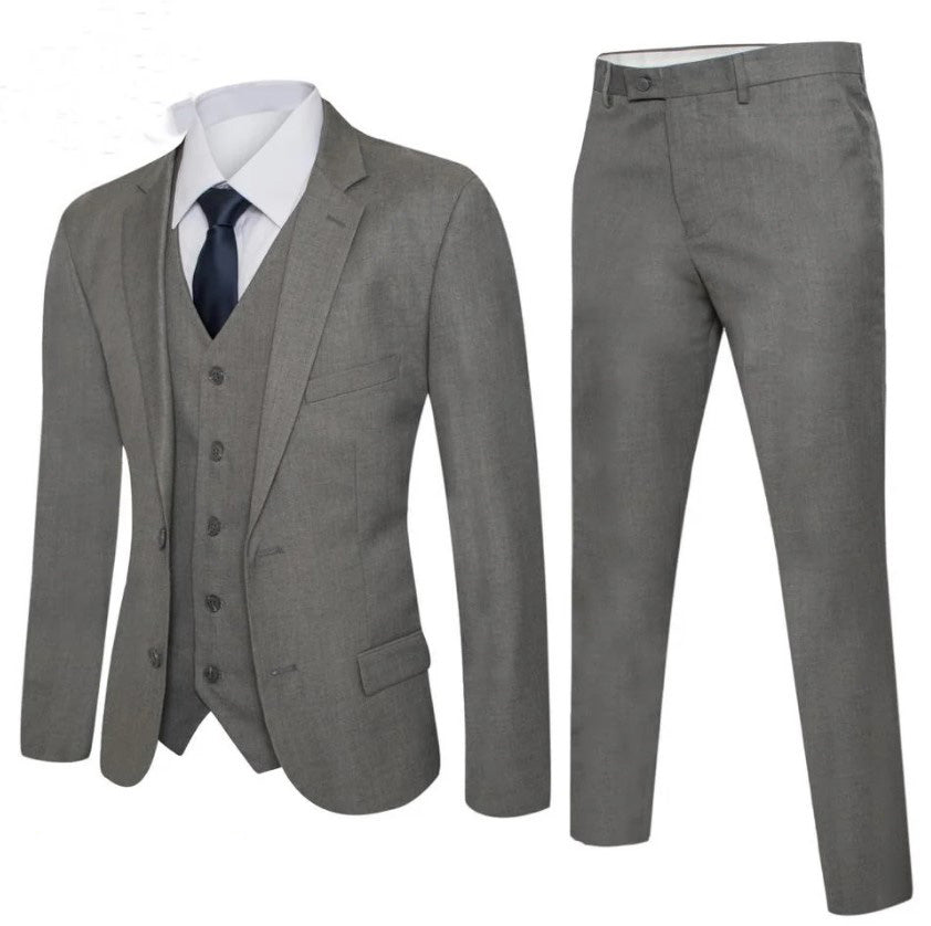 Mens Gray Solid Suit Slim Fit Notch Label Suit