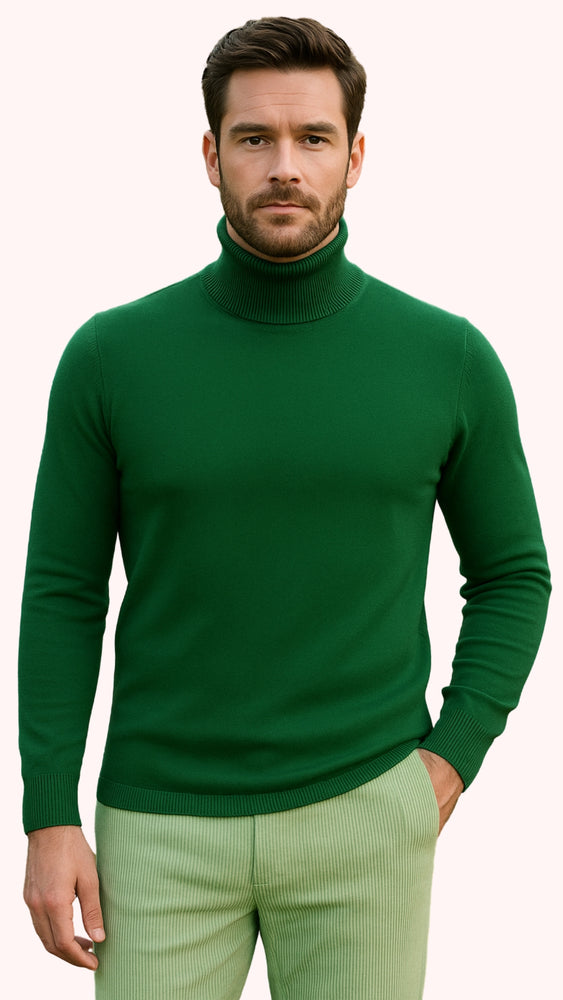 Mens Green Slim Fit Turtleneck Sweater – Lightweight Knit Pullover in Emerald Green