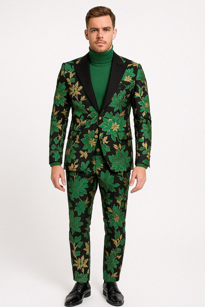 Men’s Green and Gold Floral Tuxedo Suit – Luxury 2 Piece Slim Fit Outfit for Weddings, Proms, and Special Events
