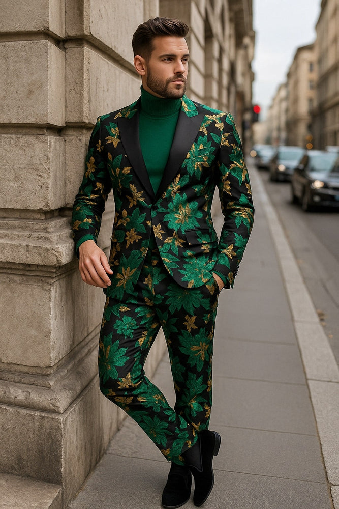 Men’s Green and Gold Floral Tuxedo Suit – Luxury 2 Piece Slim Fit Outfit for Weddings, Proms, and Special Events