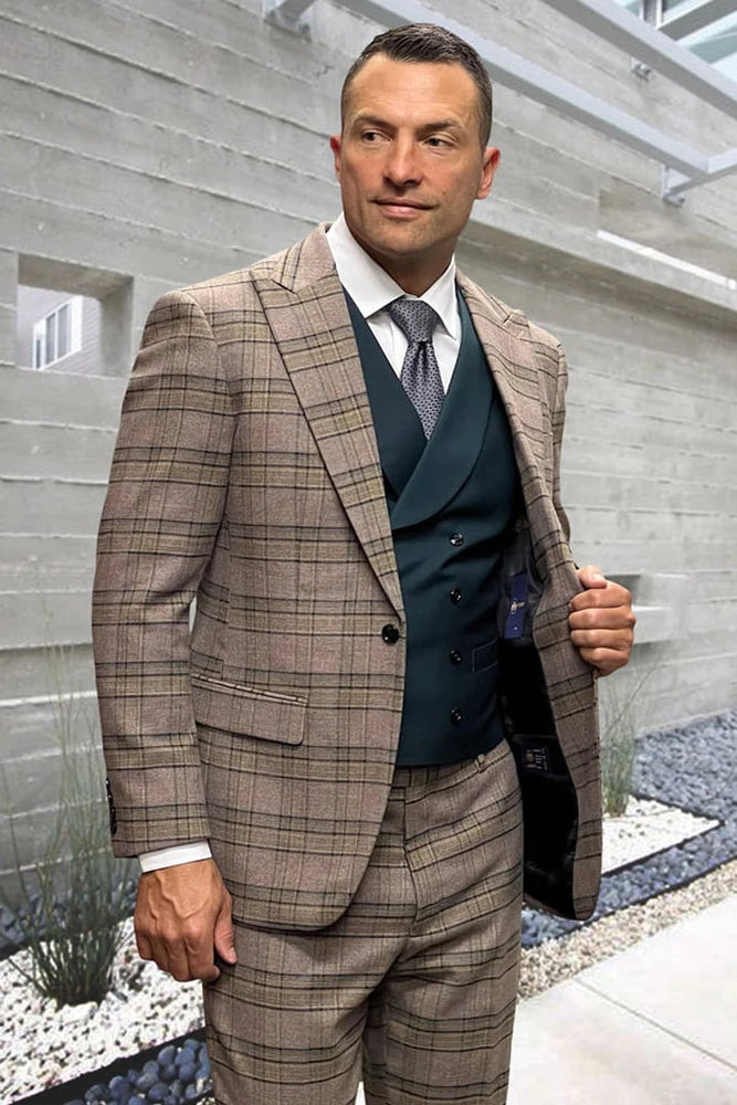 Mens Vested One Button Peak Lapel Jade Green and Brown Windowpane Plaid Suit