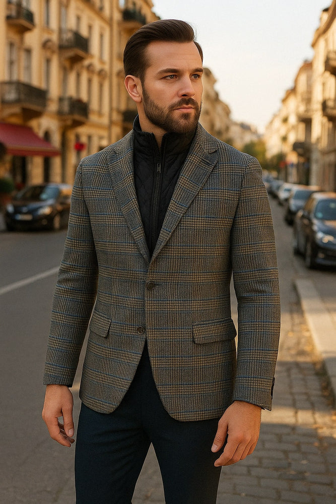 Mens Grey and Blue Glen Check Wool Blazer with Quilted Inner Layer