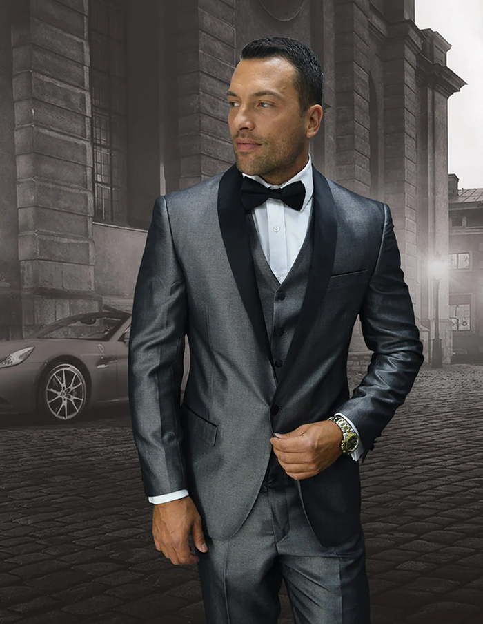 Gray Prom Suit -Mens One Button Shiny Vested Shawl Prom Tuxedo in Grey