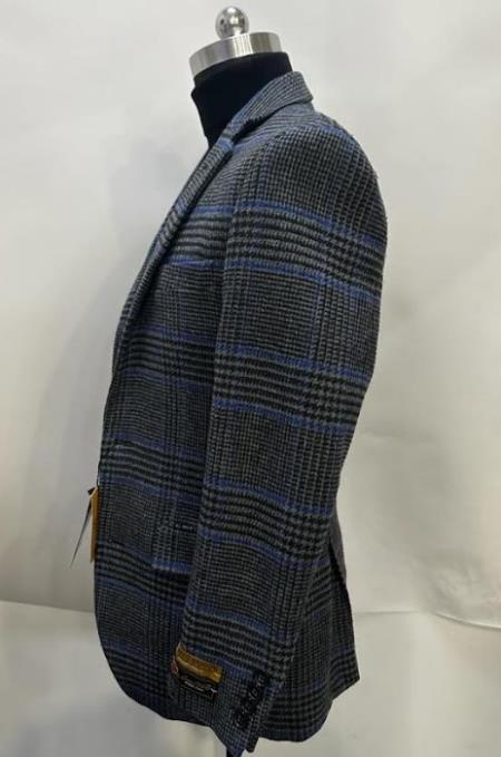 Cashmere And Charcoal Grey And Blue Blazer - Plaid Sport Coat - Windowpane Pattern