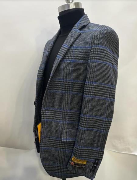 Cashmere And Charcoal Grey And Blue Blazer - Plaid Sport Coat - Windowpane Pattern