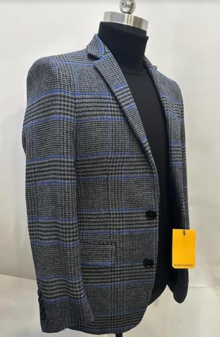 Cashmere And Charcoal Grey And Blue Blazer - Plaid Sport Coat - Windowpane Pattern