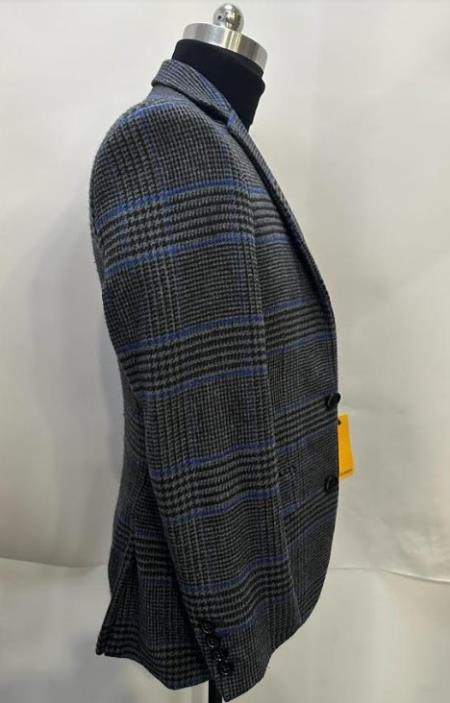 Cashmere And Charcoal Grey And Blue Blazer - Plaid Sport Coat - Windowpane Pattern