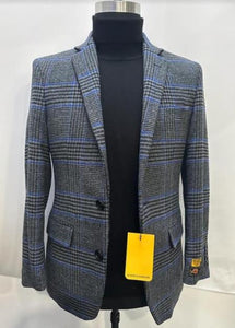 Cashmere And Charcoal Grey And Blue Blazer - Plaid Sport Coat - Windowpane Pattern