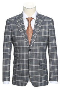 Mens Designer Slim Fit Peak lapel Windowpane Plaid Grey Suit