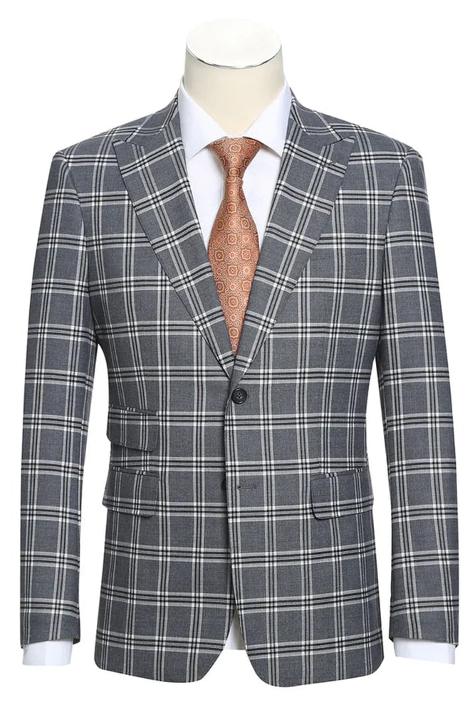 Mens Designer Slim Fit Peak lapel Windowpane Plaid Grey Suit