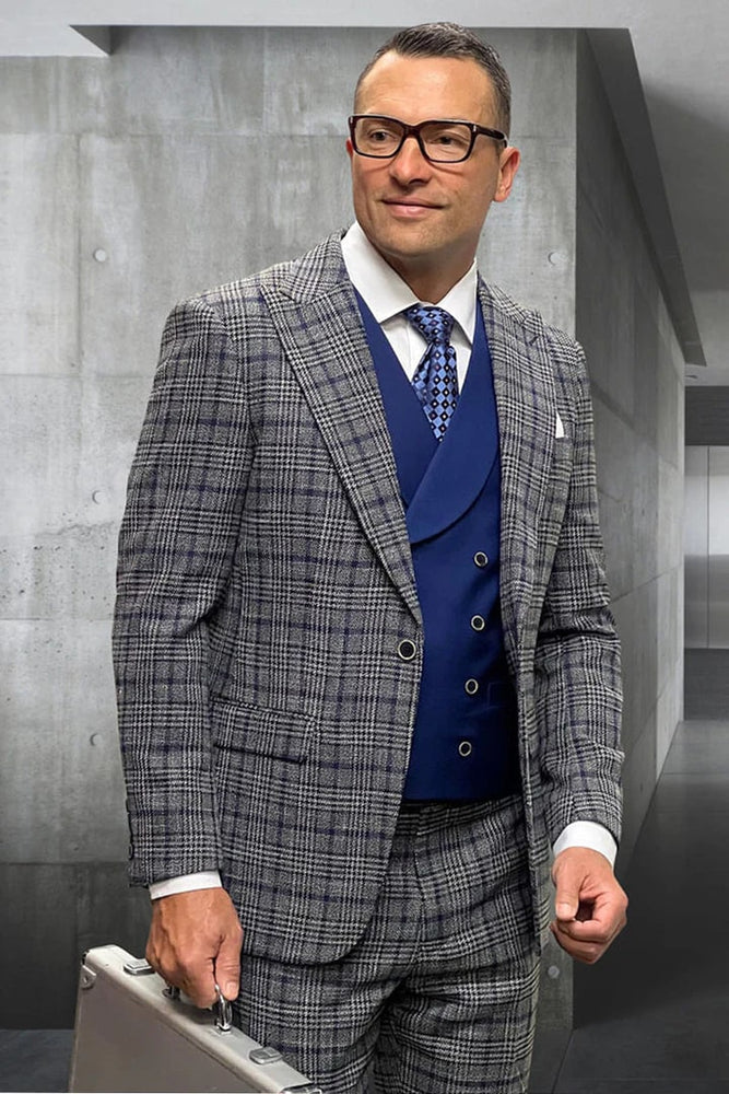 Mens Designer Wool Vested Grey Glen Plaid Suit