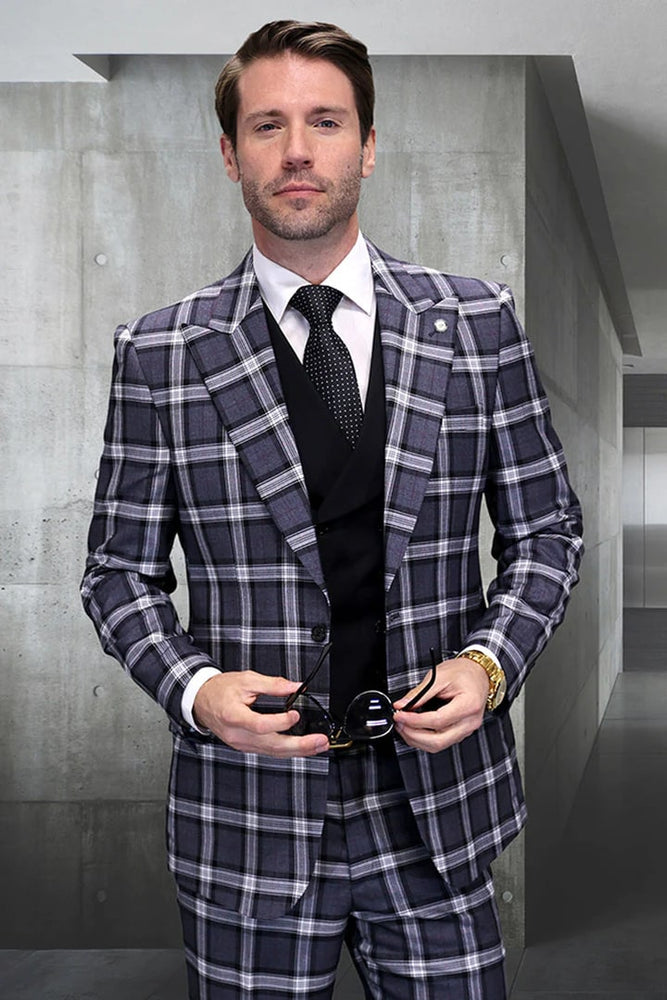 Mens One Button Wide Peak lapel Windowpane Grey Plaid Suit