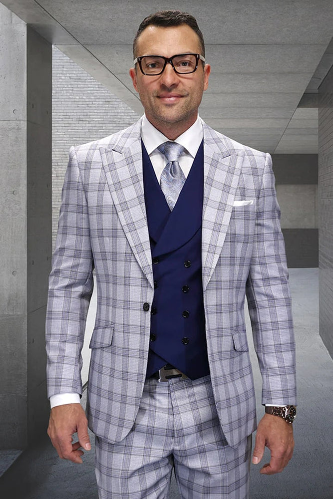 Mens Single Button Designer Wool Double Breasted Windowpane Plaid Grey Suit