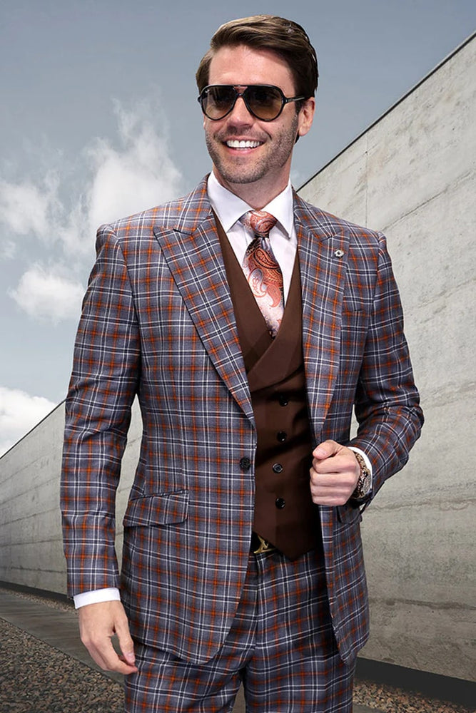 Mens Single Button Designer Wool Double Breasted Grey and Rust Windowpane Plaid Suit